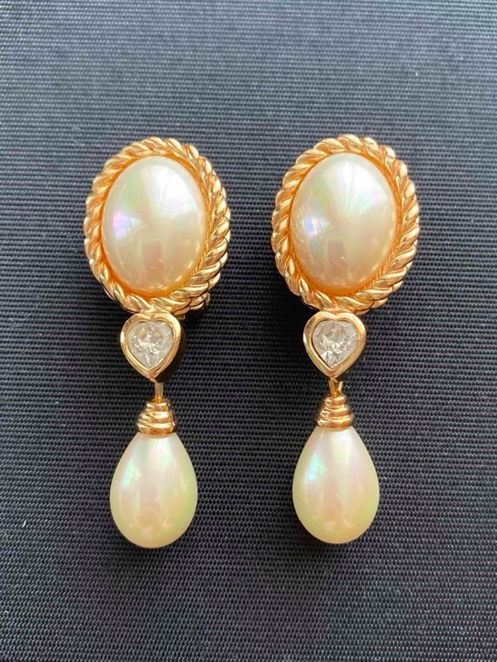 Vintage Christian Dior Teardrop Pearl Dangle Heart Braided 14k Gold Post Earring